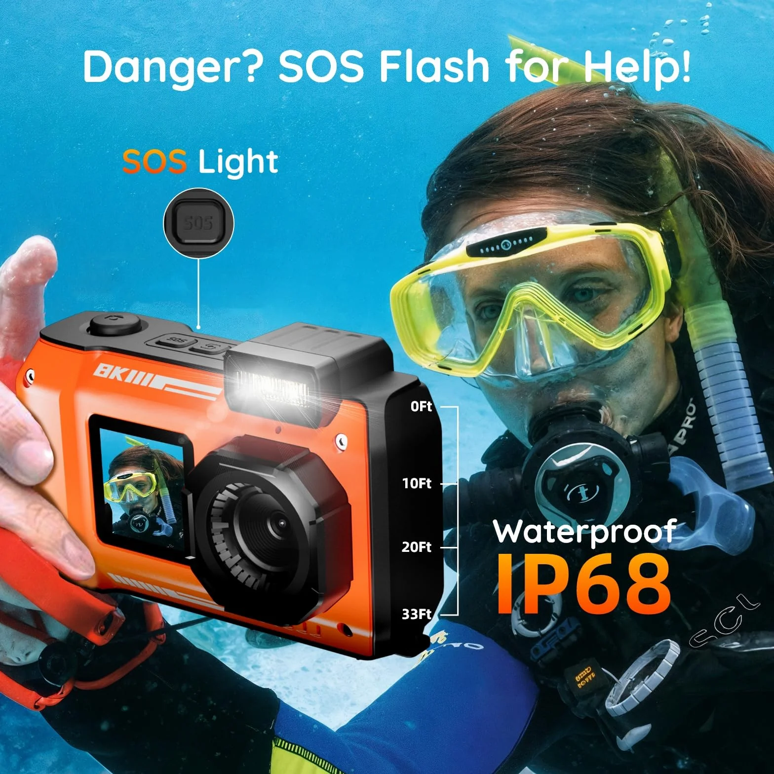 MaxMango Digitalkamera, 8K & 33FT Unterwasserkamera mit 64GB, 2.8'' Doppelte Bildschirme Selfie wasserdichte Staubdichte stoßfest Kompakte für Kinder Teenager Anfänger Erwachsene(Orange)