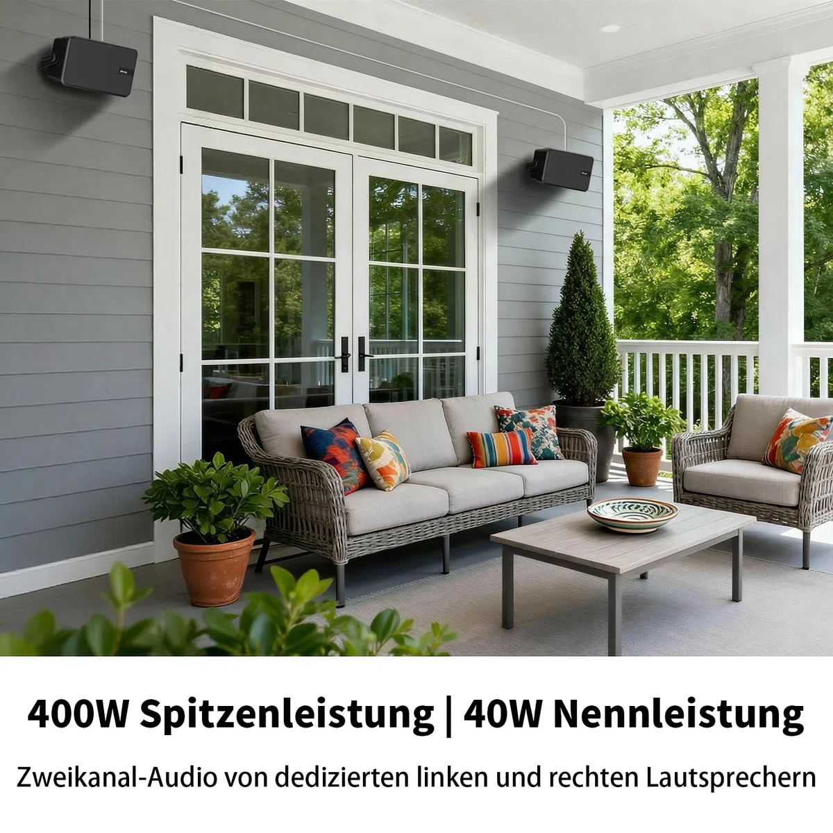 Bluetooth-Lautsprecher für den Außenbereich, Aktive + Passive Wandlautsprecher, Aux-Eingangsunterstützung, Integrierter Verstärker, Geeignet für Terrasse, Veranda, Garage, Pool, 2er-Pack
