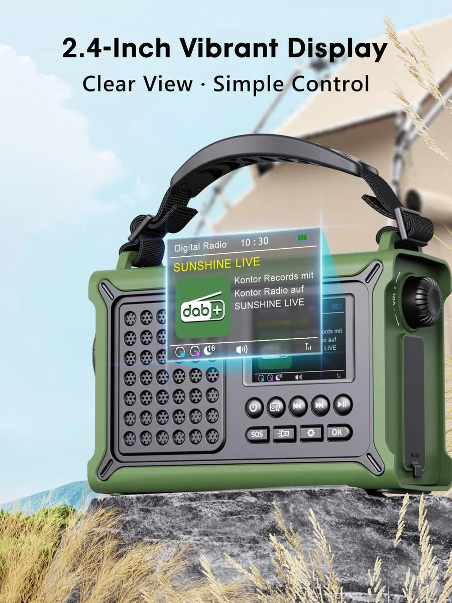 ROCAM Tragbares DAB+ Radio mit Bluetooth, 12000mAh Kurbelradio mit 8500mm² Solarpanel & 650mA Kurbel, DAB/UKW Digital Radio mit 2,4" Farbdisplay, 80 Sender, LED-Taschenlampe, SOS, IPX6 für Notfälle
