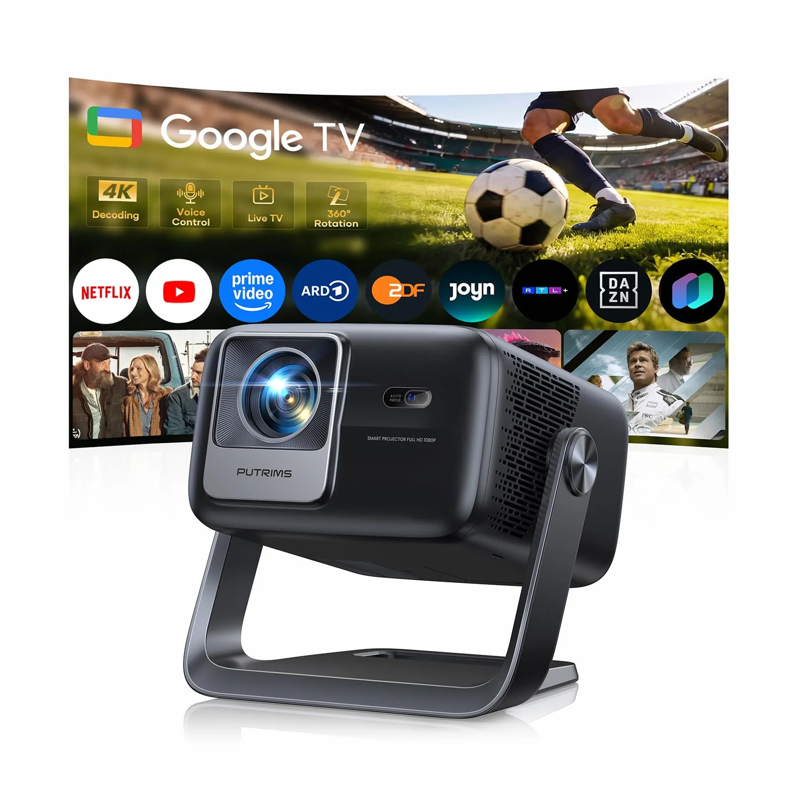 Smart Beamer 4K Heimkino Projektor mit Google TV, 30W Lautsprecher, Autofokus, 6D Trapezkorrektur, HDR10, WiFi Bluetooth, 360° Drehständer