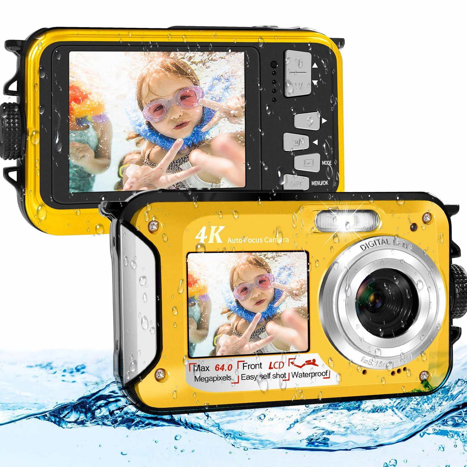 64MP Unterwasserkamera mit 32GB Speicherkarte, 4K unterwasser kamera mit Autofokus & Dual-Selfie-Bildschirmen, 5 Meter kamera wasserdicht, digitalkamera wasserdichte für Kinder & Schnorcheln (2 Akkus)