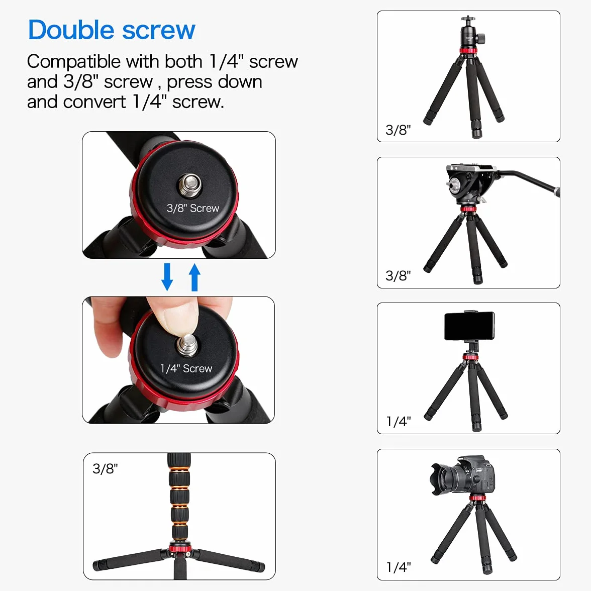 Koolehaoda Mini Stativ Kamera Tischstativ Höhenverstellung 5.5cm - 33cm mit 1/4 "und 3/8" Doppelgewinde für Canon g7x/Sony/Nikon/Fujifilm,Smartphone,Einbeinstative, Belastung 10 kg (MT-02)
