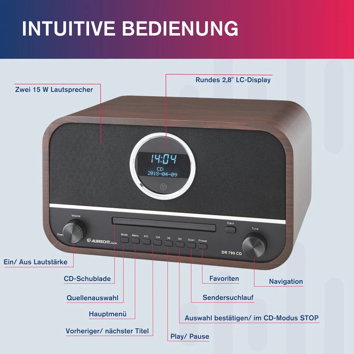 Albrecht DR 790 CD Digital-Radio DAB+ & UKW, multifunktional, CD-Player, Fernbedienung, Streaming & USB, Küchen-Radio, Holzgehäuse dunkelbraun