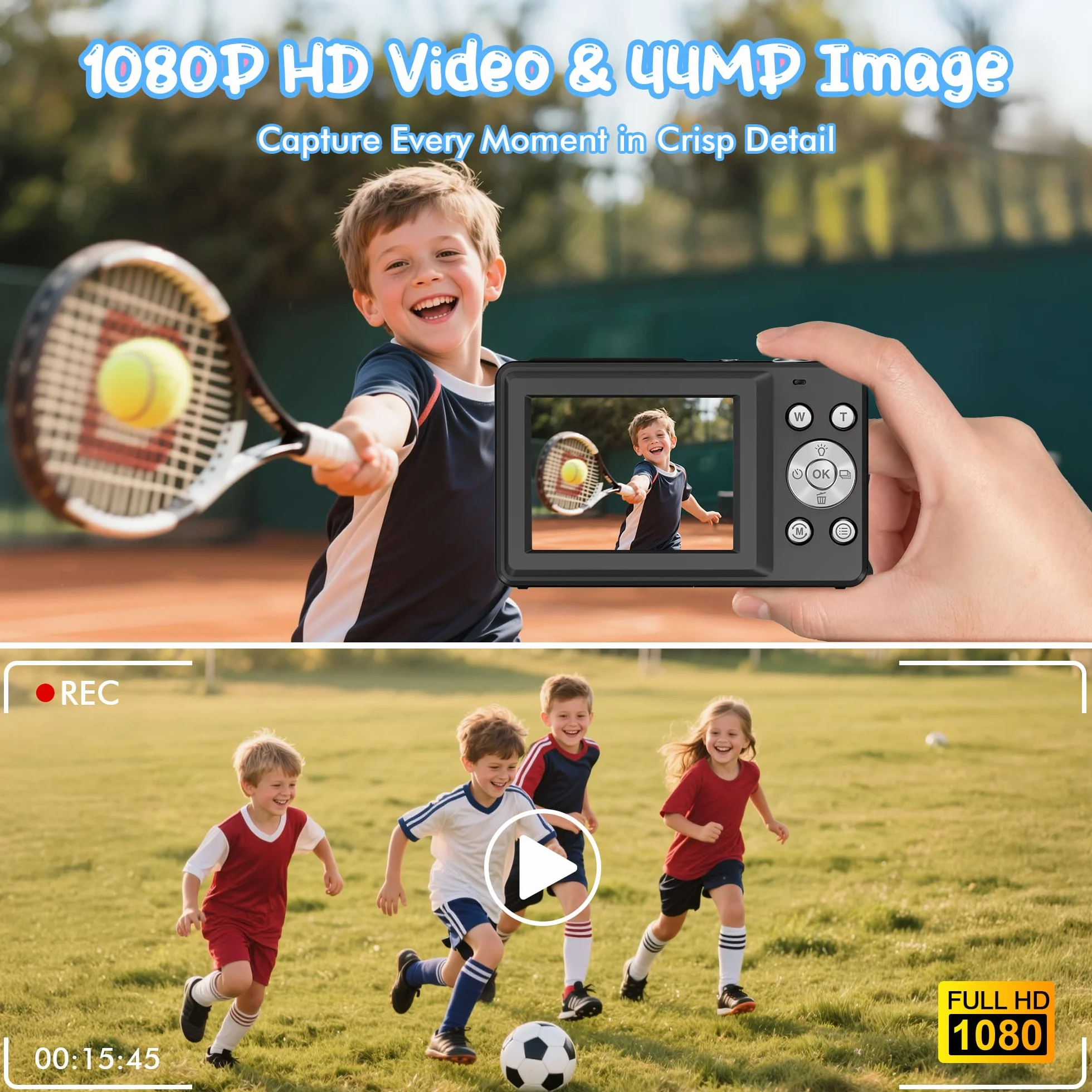 Digitalkamera 1080P 44MP Vlogging Kamera für Kinder, FHD Kompaktkamera mit 2,4" Bildschirm 16X Zoom Anti-Shake Schwarz