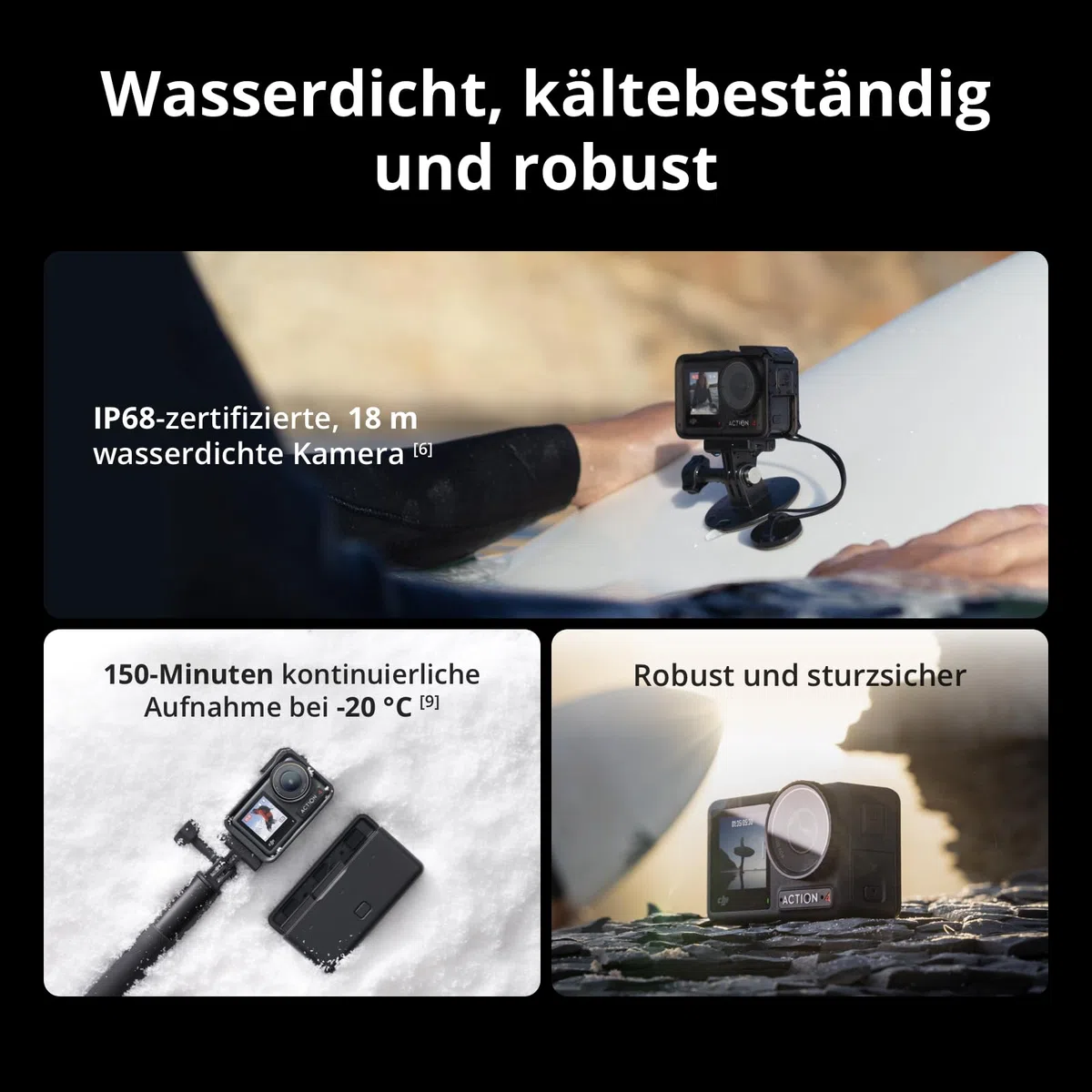 DJI Osmo Action 4 Essential-Combo, 4K/120fps Action Cam mit 1/1,3-Zoll-Sensor, Unterwasserkamera, 10-Bit und D-Log M-Farbleistung, 1.770 mAh Akku