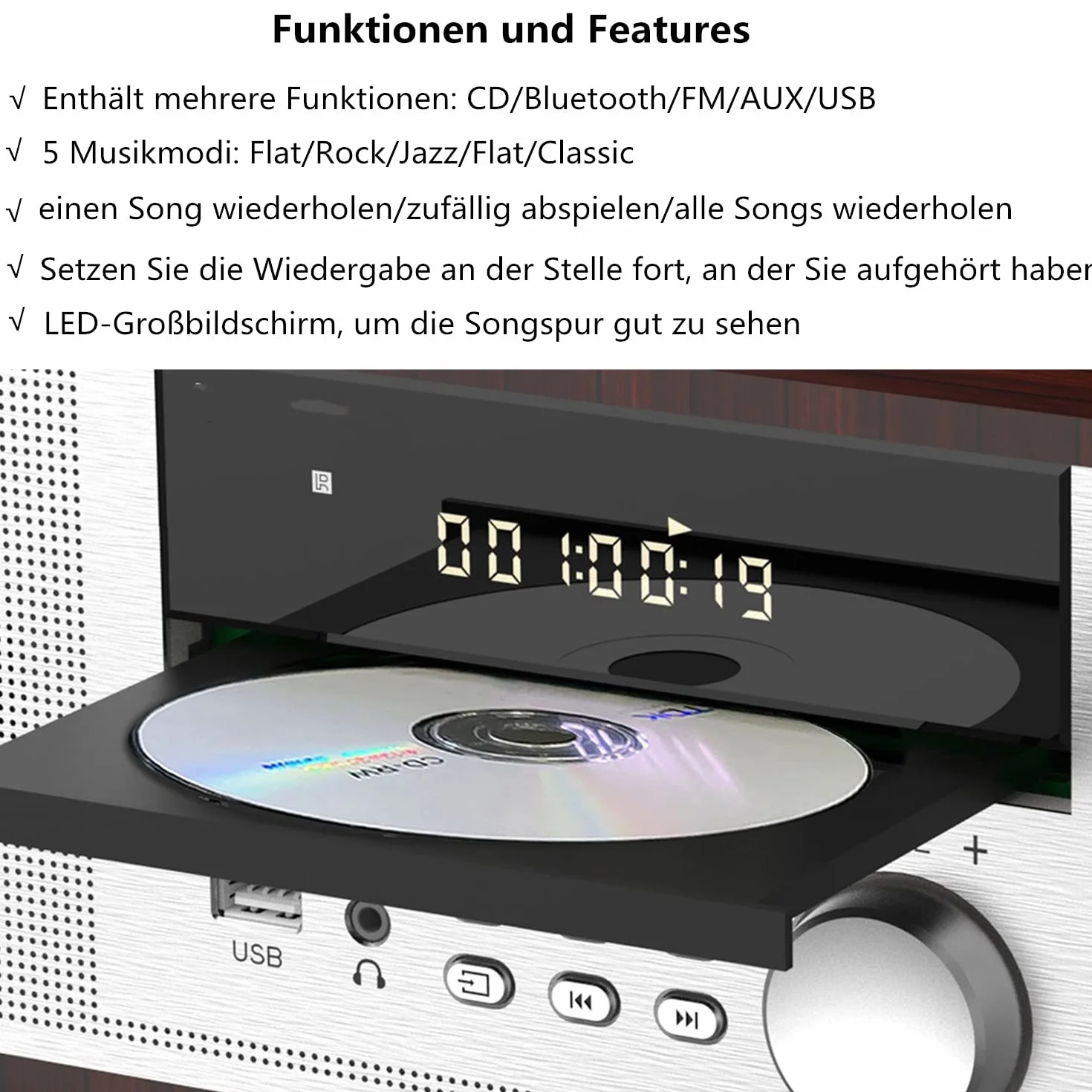 Jahrgang Micro HiFi-System CD-Stereoanlage Mini-Komponente 40W RMS CD-Player UKW/Bluetooth-kompatibel/USB/AUX/Fernbedienung/Kopfhörerbuchse Kompatibel mit hochauflösender Klangquelle,Silber,hölzern