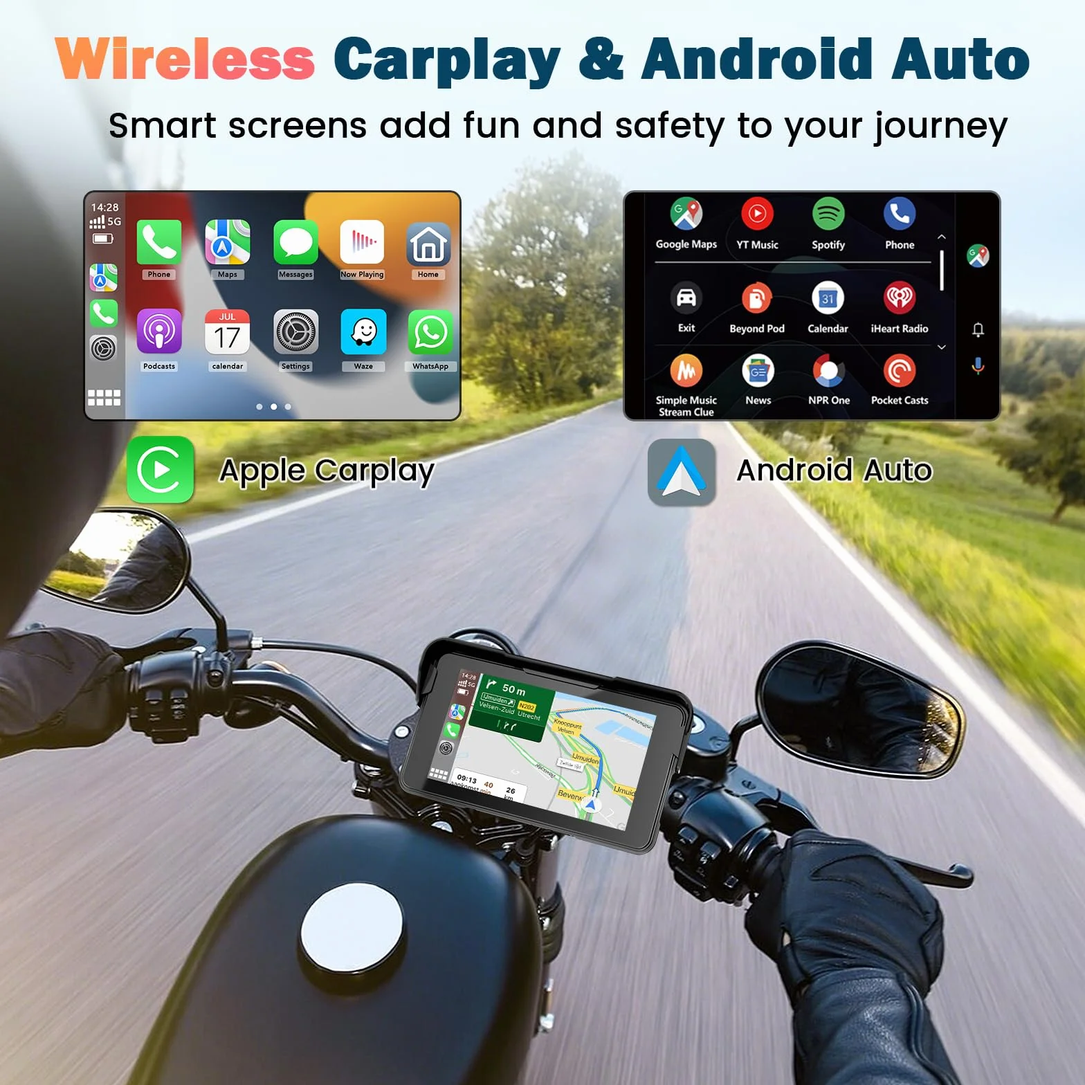 Motorrad Navi Carplay Display, Motorrad Navigationsgeräte mit CarPlay & Android Auto, 5 Zoll Wasserdicht Motorräder Display mit Bluetooth, Motorradnavigation, Sprachassistenten, Magnetische Halterung