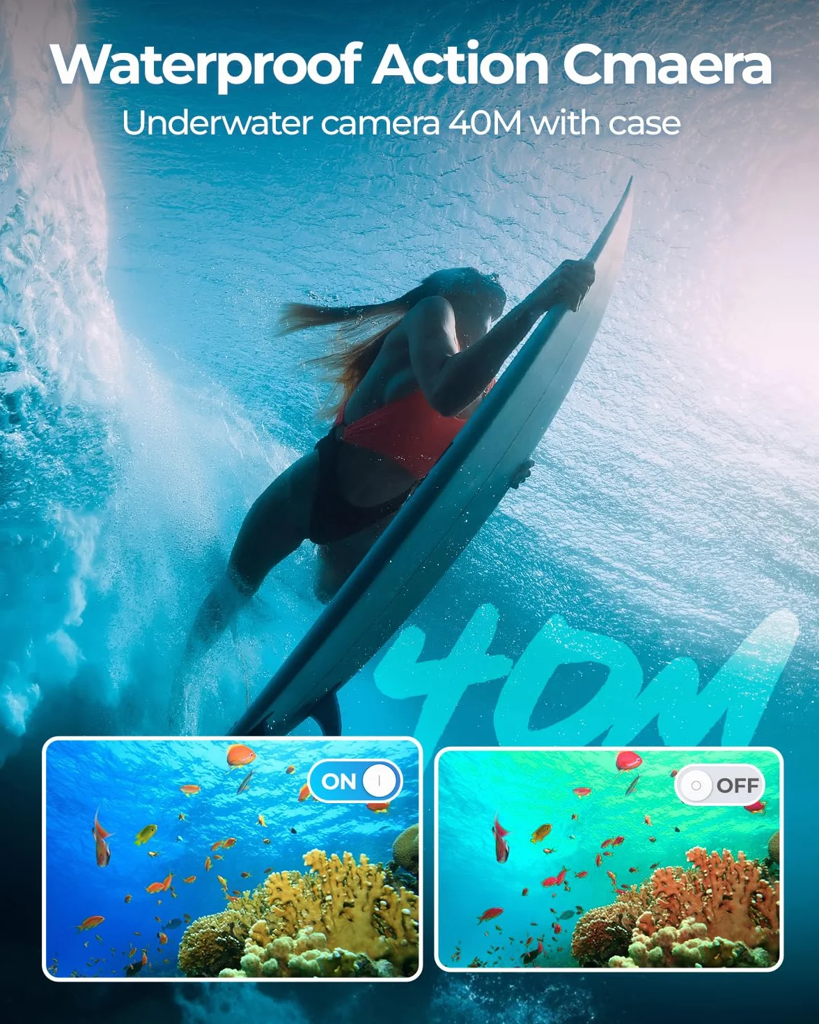 4K 60FPS Action Cam, Unterwasserkamera mit 64G SD Karte 48MP HD WiFi Kamera mit EIS 40M Wasserdicht Actionkameras Weitwinkel Sportkamera mit 2 * 1350 mAh Akkus Helmhalterung Zubehör Kits
