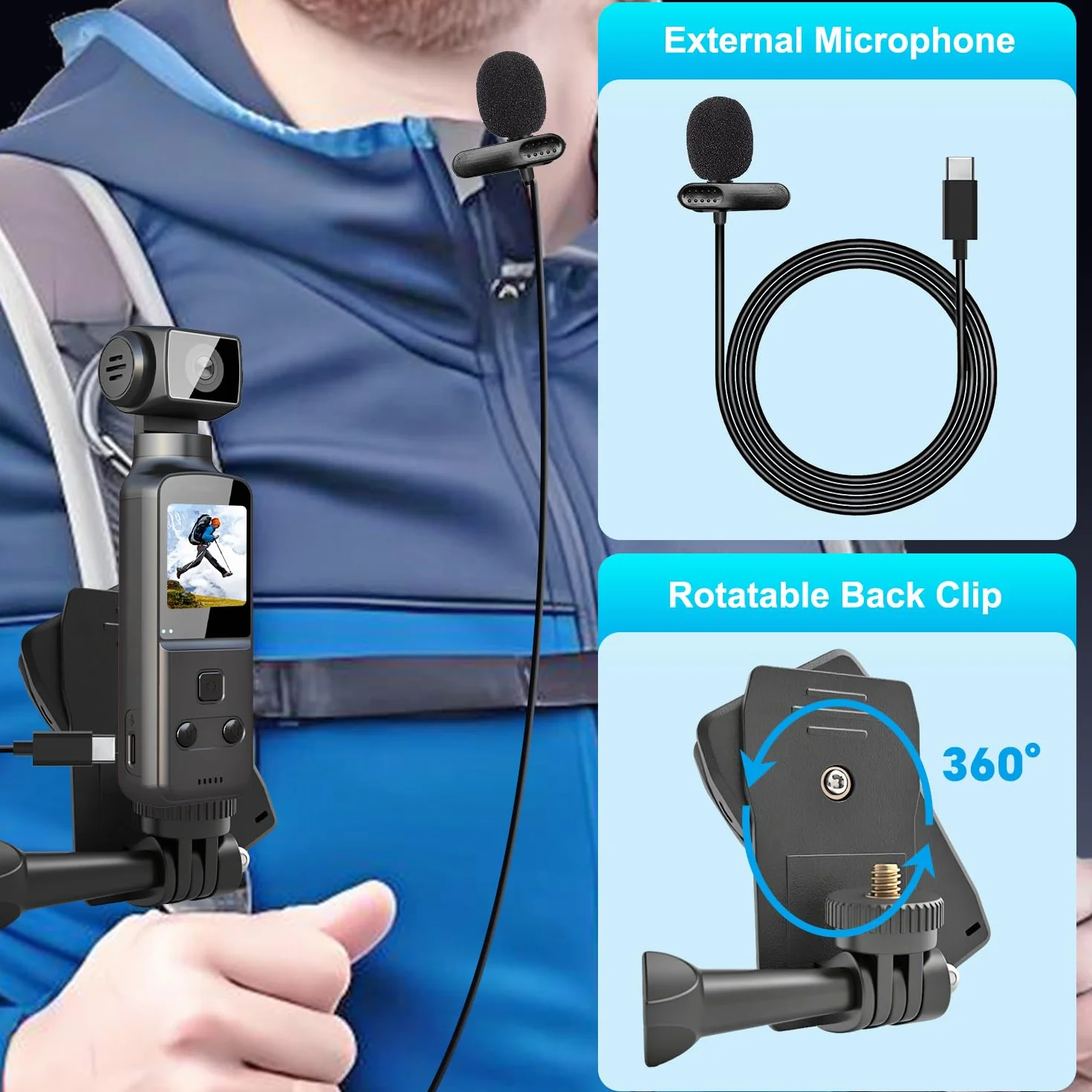 Bodycam Körperkamera mit 270° drehbarem Objektiv, 5K Vlog Kamera mit EIS für POV-Aufnahmen, Reisen und Alltag, inkl. Clip, externem Mikrofon, 64 GB Speicherkarte und wasserdichtem Gehäuse