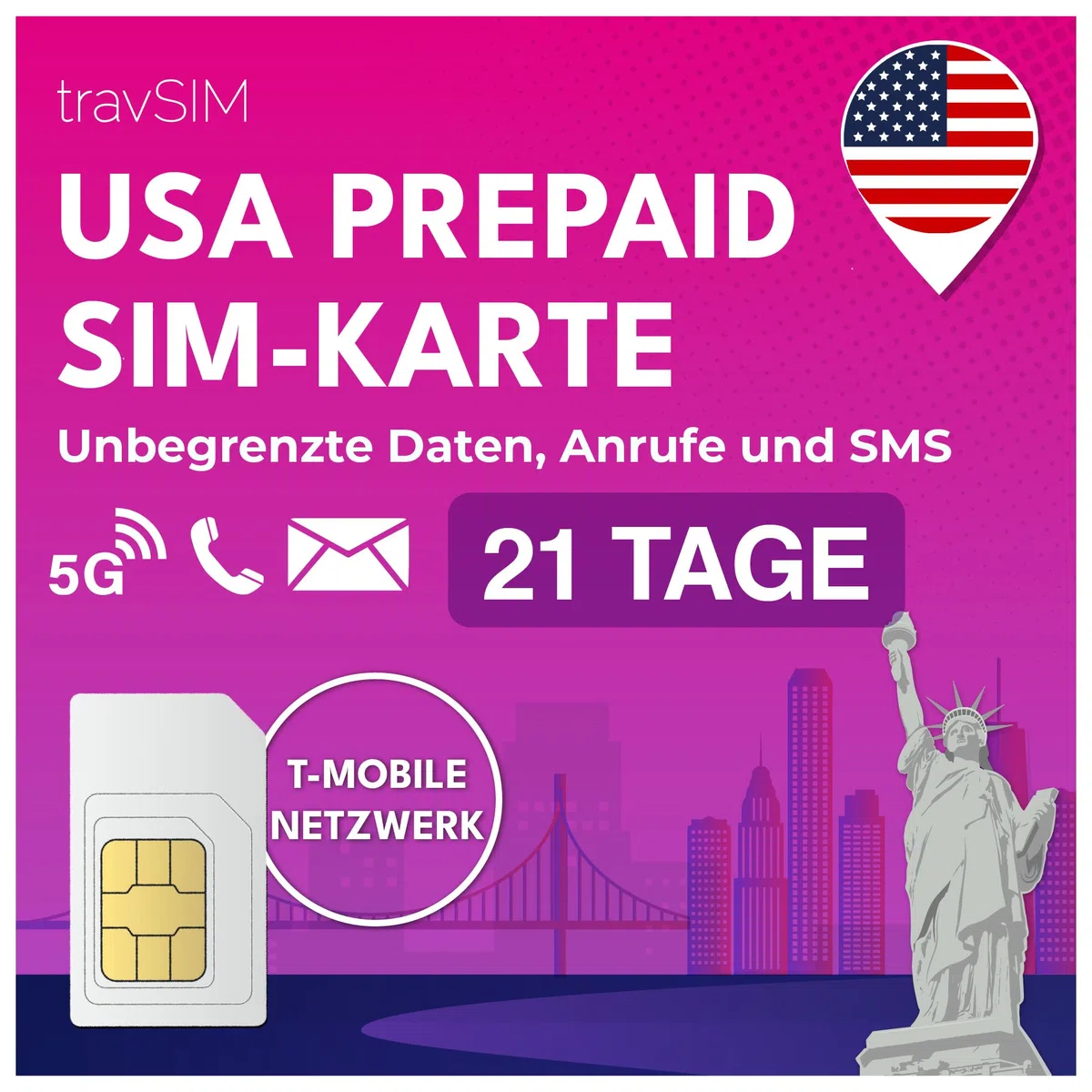 travSIM USA SIM Karte T-Mobile Netz Unbegrenzte Daten Anrufe Texte 21 Tage