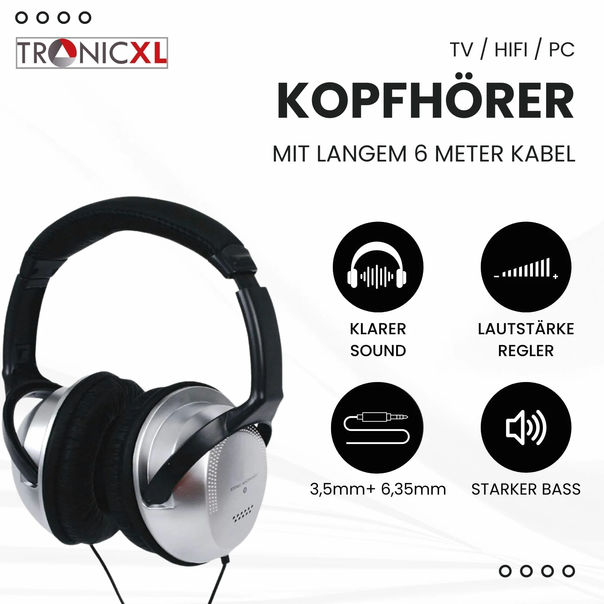 TronicXL Fernsehkopfhörer Stereo 6m Kabel kompatibel Sony LG Panasonic Grundig Samsung