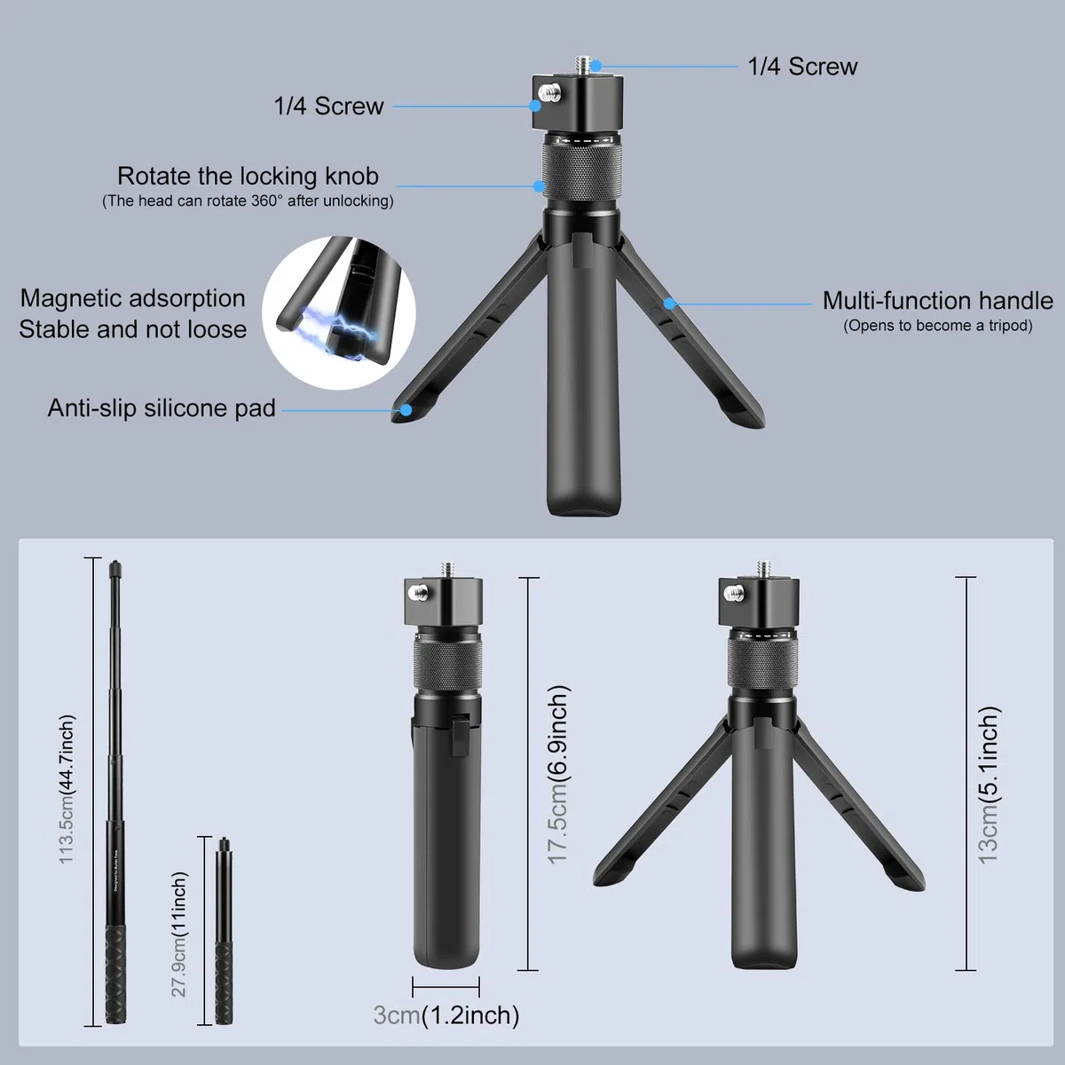 PULUZ Insta 360 Bullet Time Selfie-Stick-Set für Insta360 X3 X4 X5 ONE X2, 114 cm unsichtbares Selfie-Stick-Einbeinstativ & Mini-Stativ für Kamera mit Dual-1/4-Schrauben für GoPro Hero 12 11 10 8 7 6