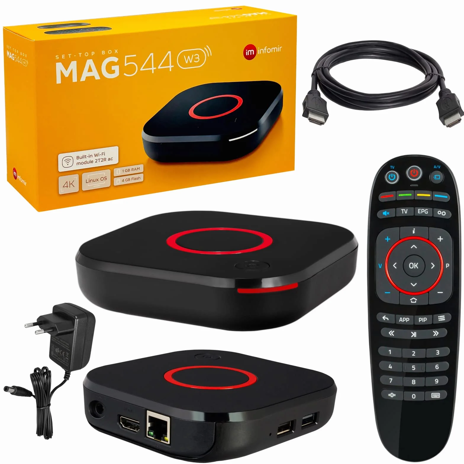 MAG 544w3 Original Infomir & hb-digital 4K Set Top Box Multimedia Player Internet TV Receiver UHD 60FPS 2160p@60 FPS HDMI 2.1 4K- und HEVC-Unterstützung USB3.0 4X ARM Cortex-A35 + HDMI Kabel