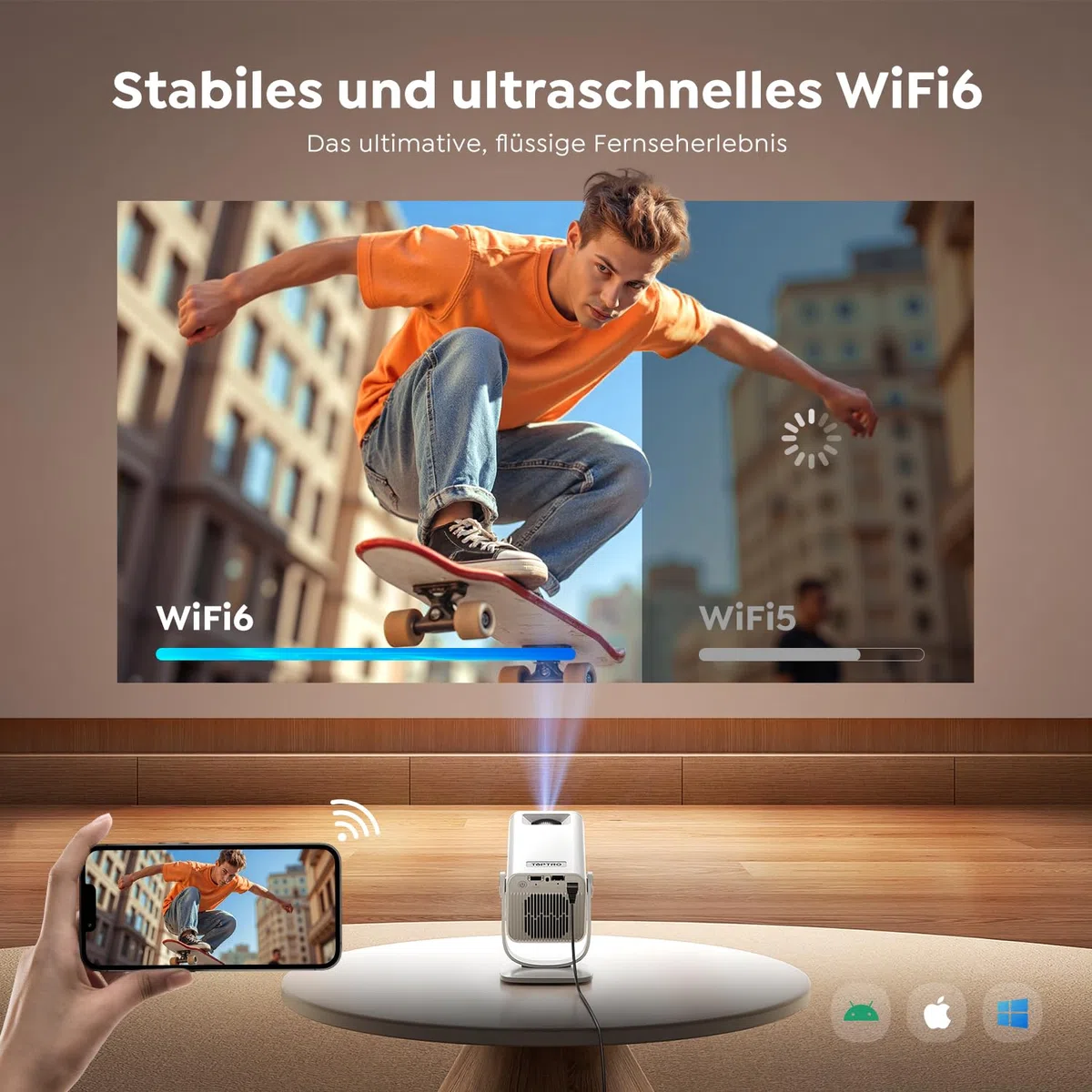 Mini Beamer 4K 1080P Android 14 270° Drehbar Smart Beamer Klein WiFi 6 Bluetooth 5.4 Tragbarer Projektor Heimkino Outdoor Auto Trapezkorrektur HDMI