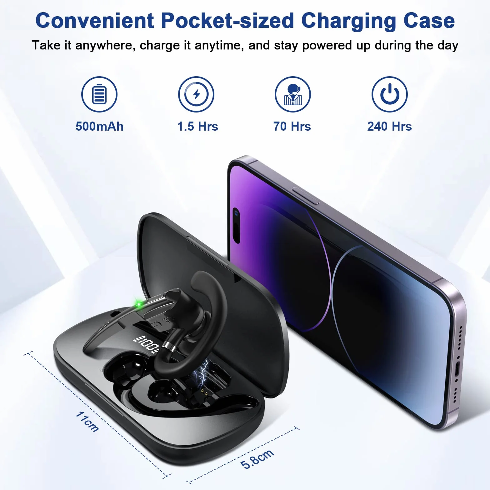 Bluetooth Headset Freisprechanlage mit Mikrofon CVC8.0 70 Std Spielzeit Ladecase In Ear Kabellos für Autofahren