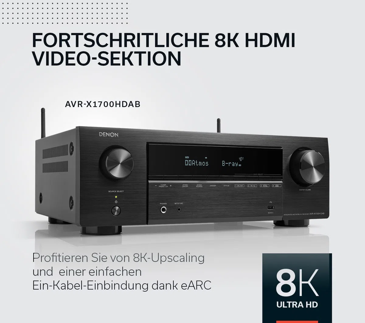 Denon AVR-X1700HDAB 7.2-Kanal AV-Receiver mit Dolby Atmos, DTS:X, 8K HDMI, Bluetooth, WLAN, AirPlay 2, HEOS