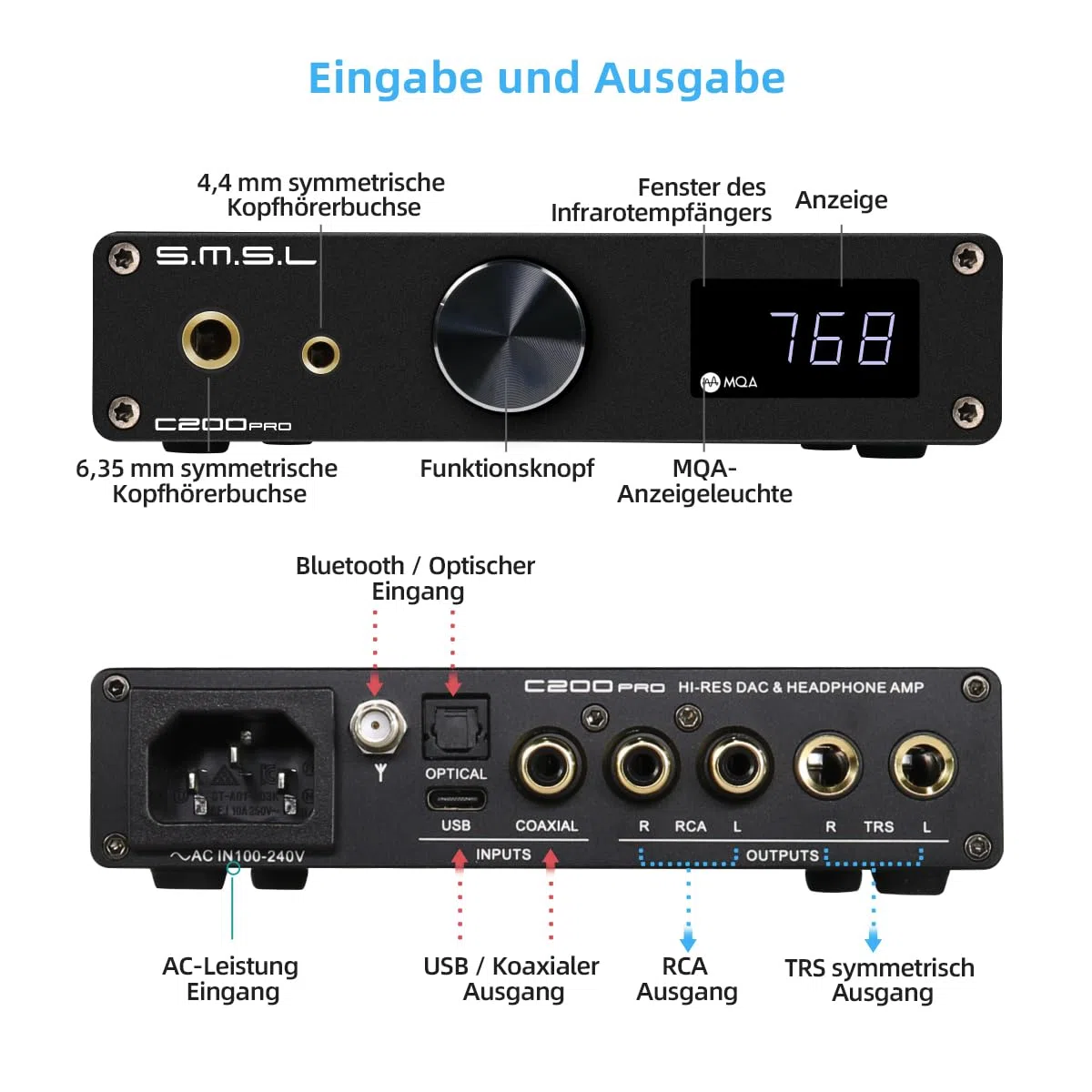 SMSL C200 PRO LDAC Kopfhörerverstärker ES9039Q2M XU-316 DSD512 32Bit/768kHz DAC USB-C Optisch Koaxial Bluetooth 4,4mm 6,35mm RCA TRS