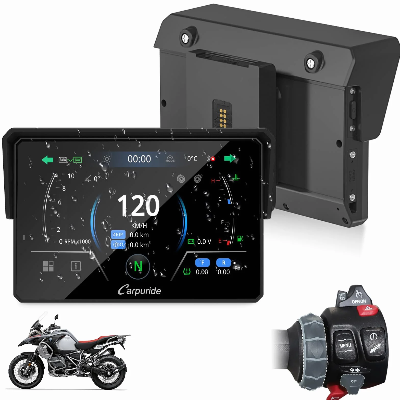 CARPURIDE W502BS Pro für BMW-Motorrad, CarPlay & Android Auto, Dual-Bluetooth, 5 Zoll Wasserdichter GPS-Navigations Bildschirm, Datenablesung, Native Wonder, TPMS, Lichtsensor, Musikfreigabe