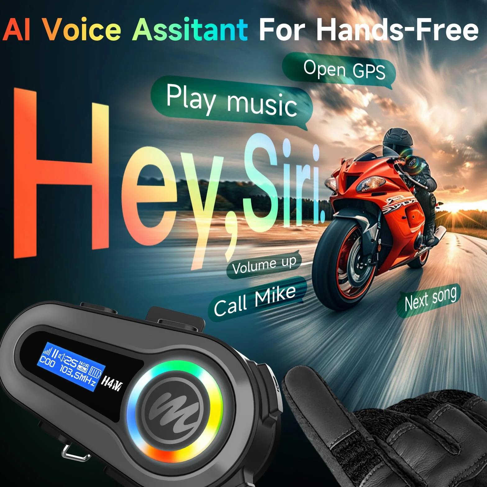 Moman H4M Motorrad Helm Headset mit LCD Bildschirm & 6 EQ-Modus, Motorcycle Helmet Kopfhörer 5.3 Chip HiFi Stereo FM Radio AI Sprachassistent IPX6 Wasserdicht