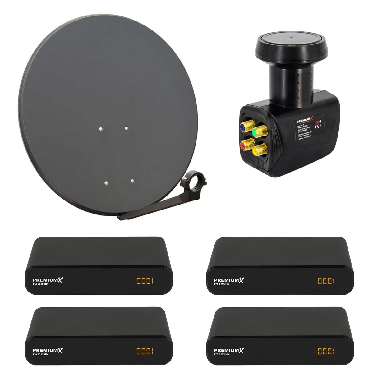 PremiumX Satelliten-Komplettanlage 4 Teilnehmer 80cm Antenne Anthrazit SAT Quad LNB 4X Satelliten-Receiver DVB-S2 HDTV
