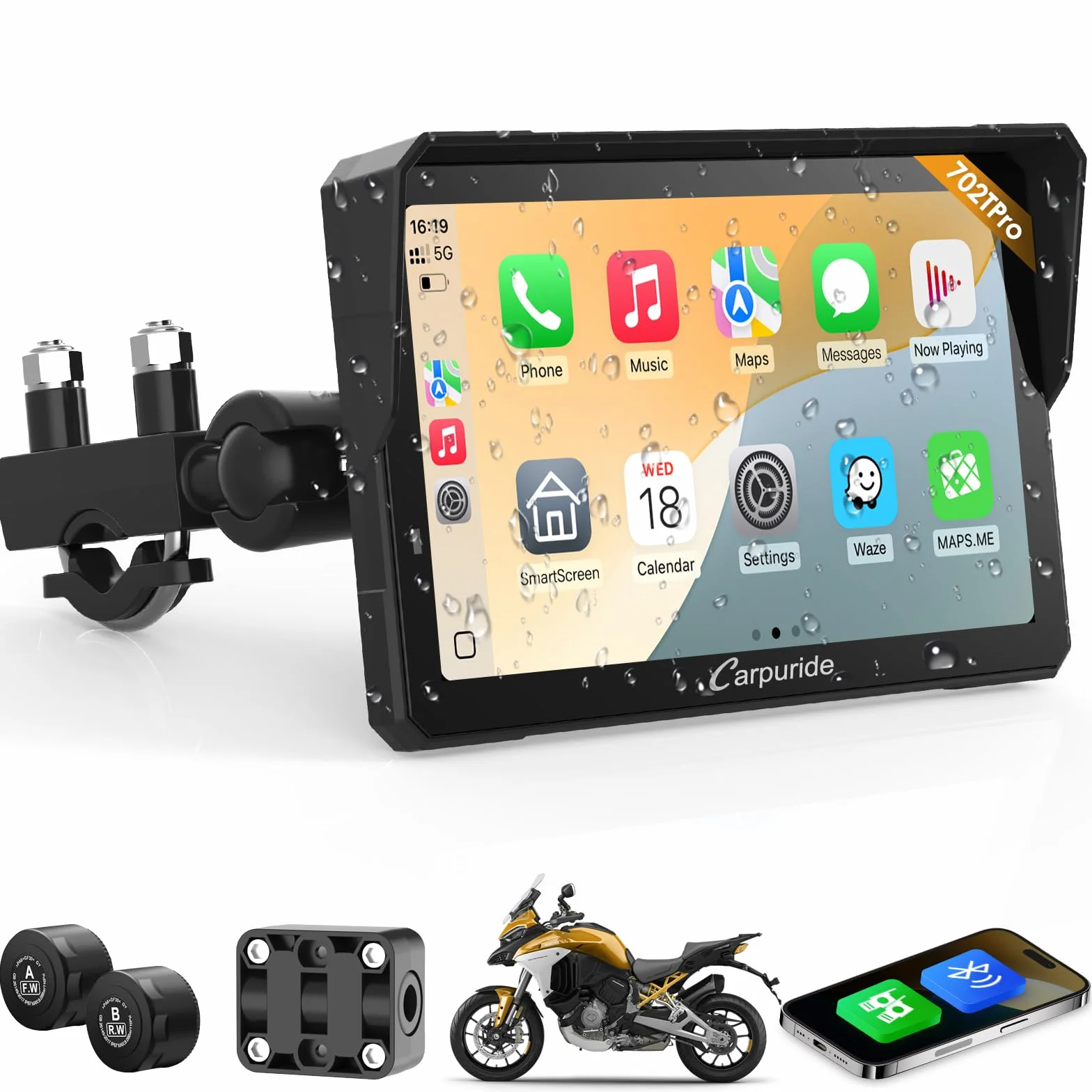 Carpuride W702T Pro Motorrad Carplay Bildschirm mit TPMS System, Kabellos CarPlay & Android Auto, Tragbar 7" Wasserdicht Touchscreen, Dual Bluetooth, Gegensprechfunktion, Navi, Kompass, Barometer.