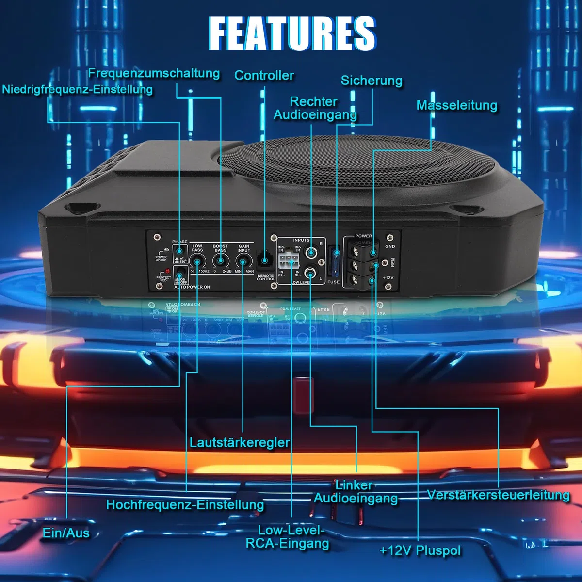 10 Zoll Aktiv Subwoofer Unter Sitz Car Audio Bassbox 800W 2.5 Ohm Ultra Flach Aktiver Auto Subwoofer Mit Verstärker Mit Controller Tiefton Lautsprecher Fahrzeug Sound System Car Truck SUV