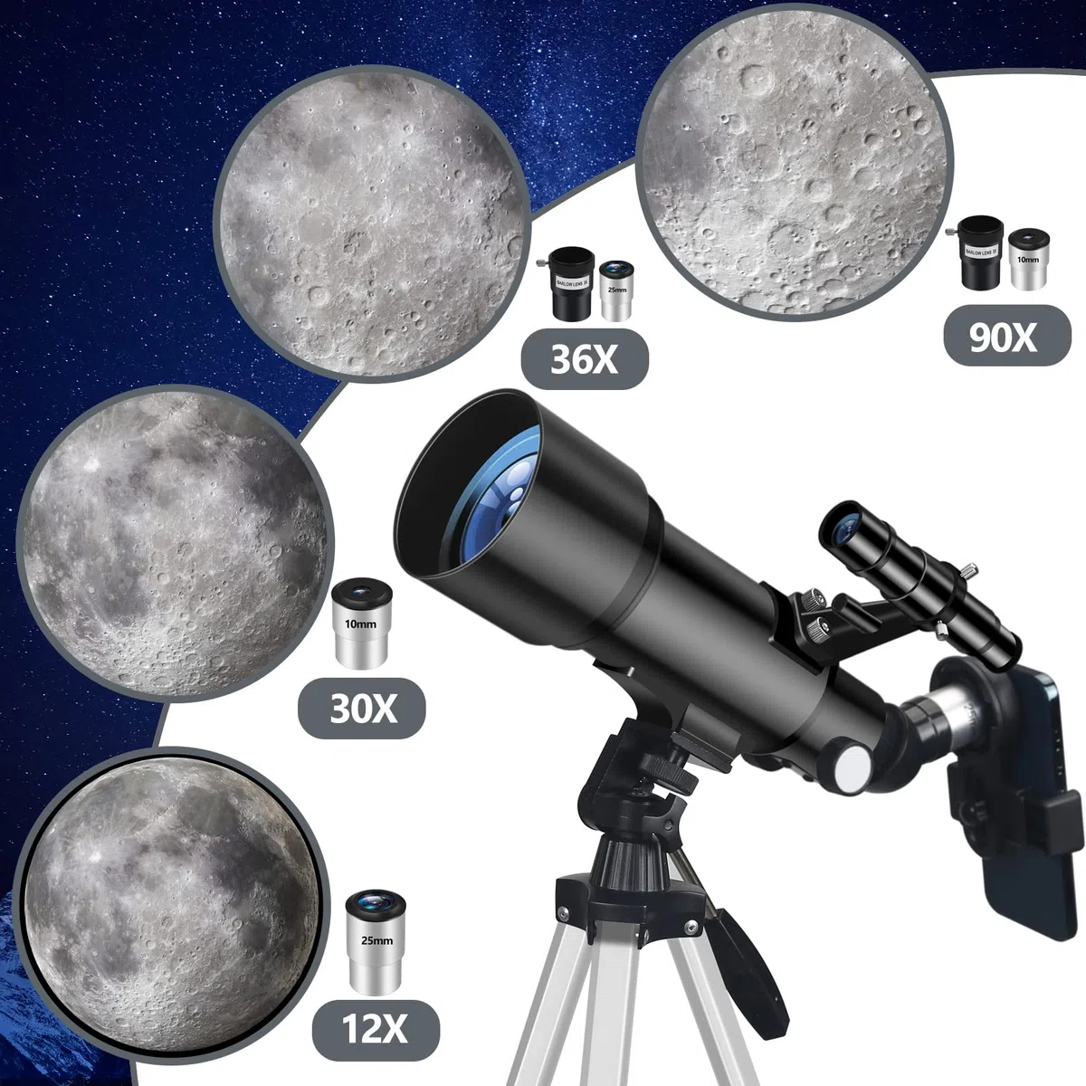 Teleskop 70mm Aperture 400mm Refraktor für Anfänger & Kinder, Tragbares Stativ, Astronomie Erwachsene Fernrohr (Schwarz)
