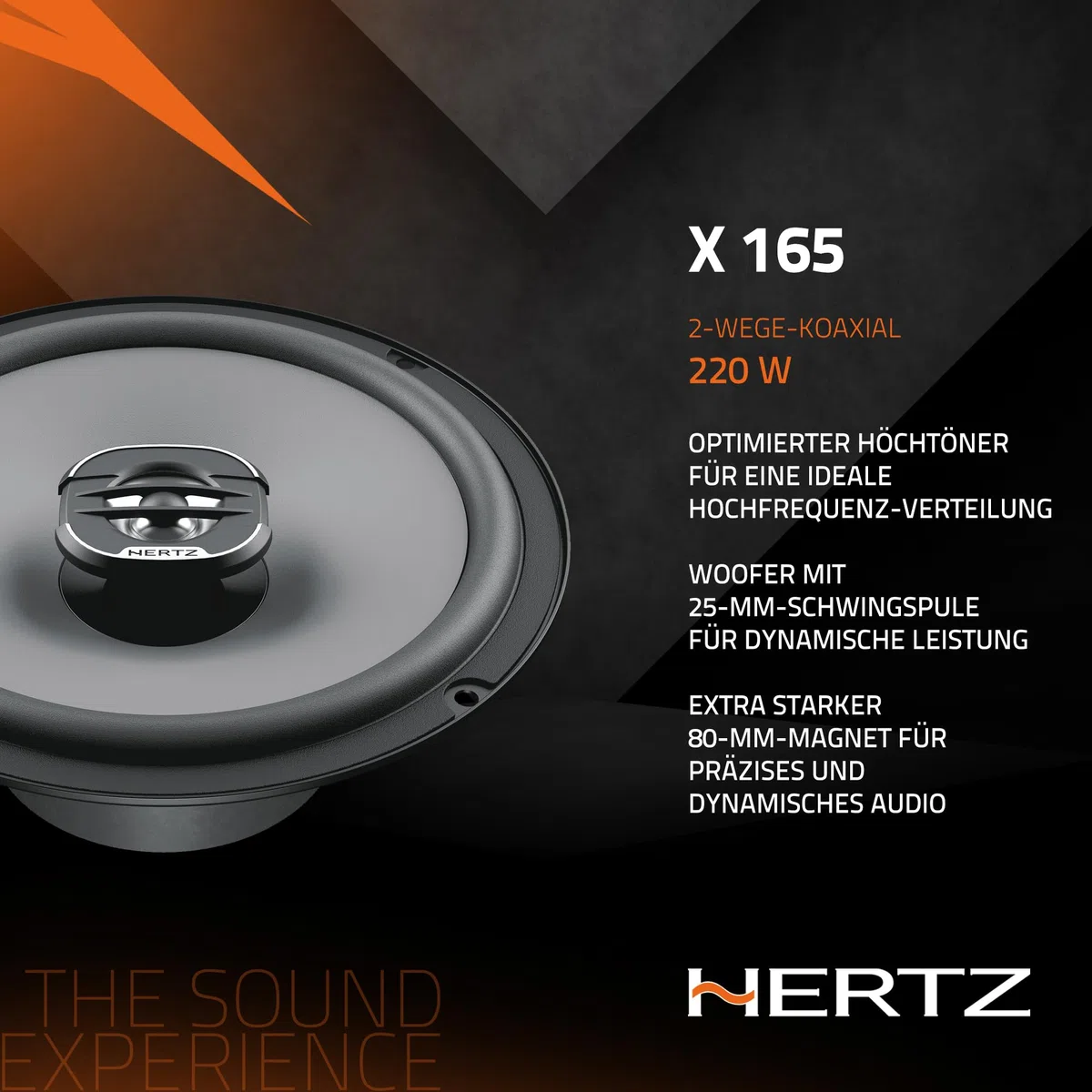 Hertz X 165 – Paar 2-Wege-Koaxiallautsprecher 165 mm, 220W Peak, 55W RMS, 4 Ohm, Wasserabweisende Presspapiermembran, 24 mm PEI-Hochtöner, einfache DIN-Installation