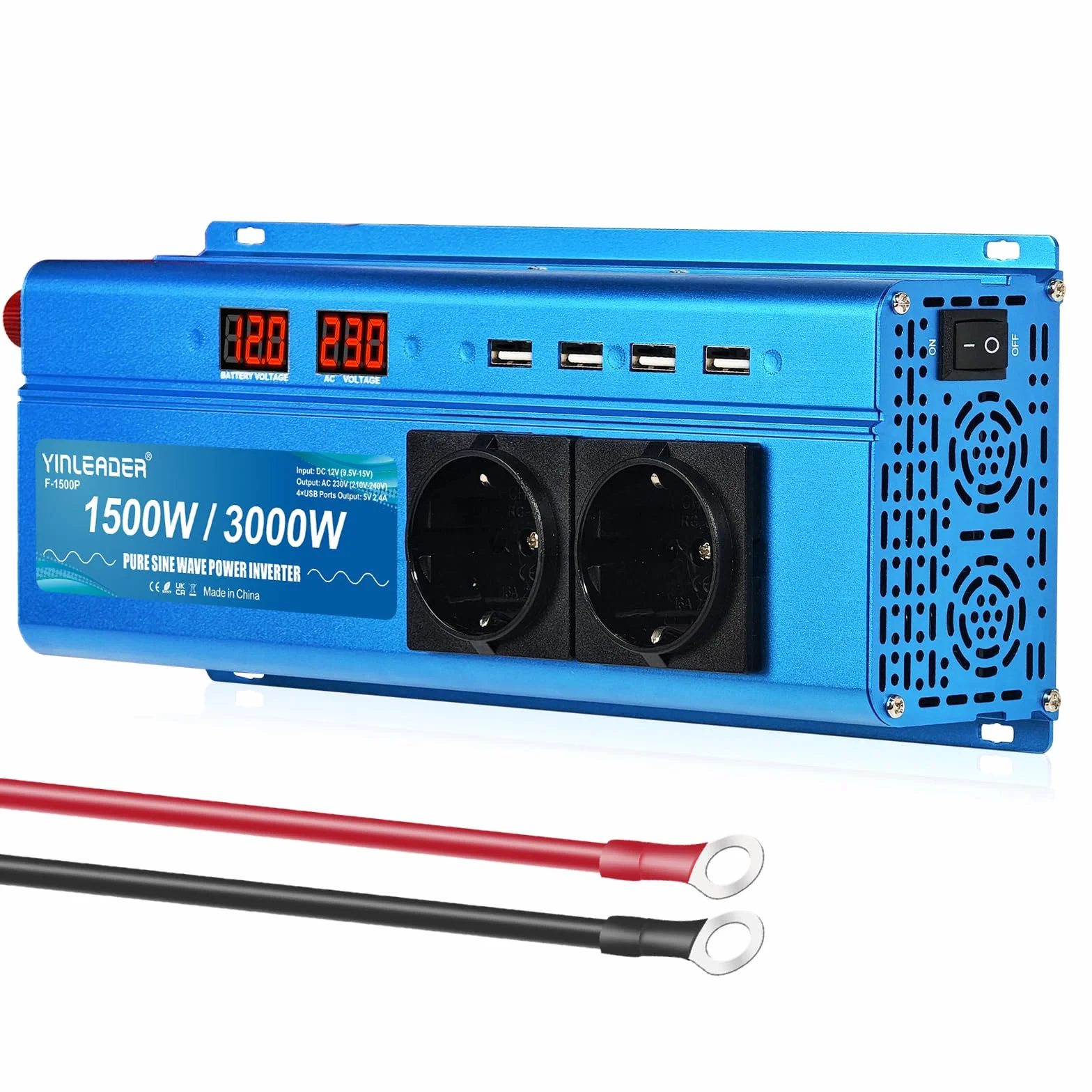 Wechselrichter 12V 230V 1500W /3000W Reiner Sinus Spannungswandler mit 2 Steckdose 4 USB Anschlüsse 2 LED