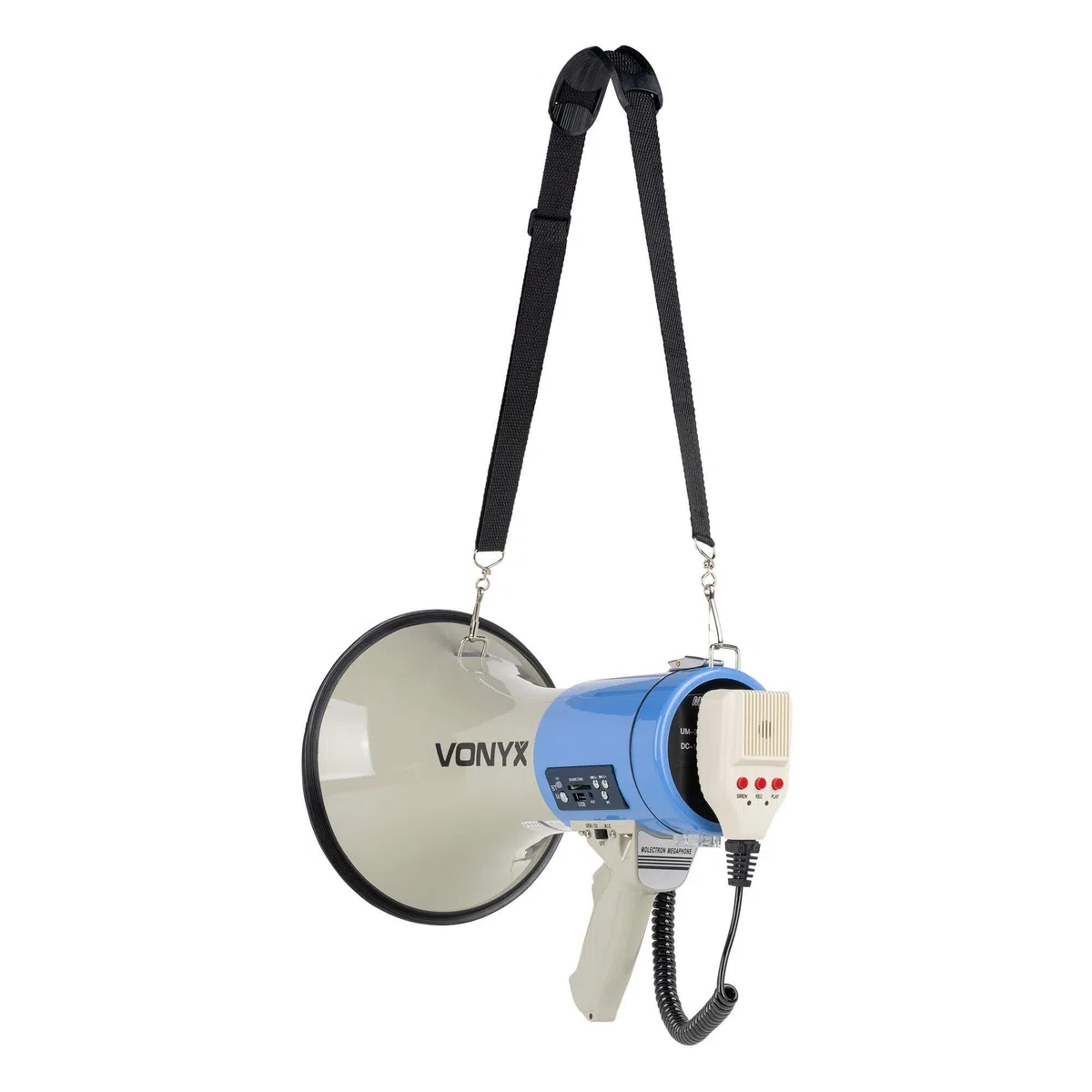 Vonyx MEG060 Megafon 60 Watt MP3 USB SD AUX Sirene Mikrofon Aufnahmefunktion blau-weiß