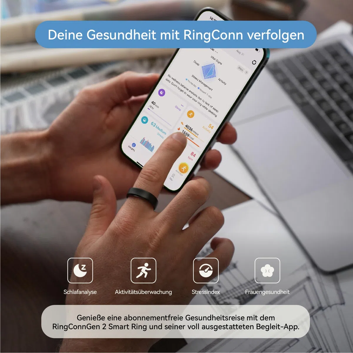 RingConn Gen 2 Smart Ring, weltweit erstes Schlafapnoe-Monitoring, Keine App-Abonnement, 12 Tage Akkulaufzeit, Stress-/Herzfrequenz-/Frauen-Gesundheits-Tracker, kompatibel mit Android und iOS