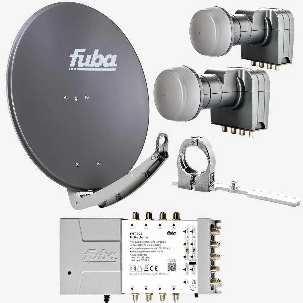 Fuba Sat Anlage 8 Teilnehmer - 2 Satelliten (z.B. Astra/Hotbird) | DAA 780 A Satellitenschüssel 80cm Alu anthrazit (Testergebnis: ausgezeichnet)* + 2X LNB + Multifeed + Multischalter 8 Teilnehmer