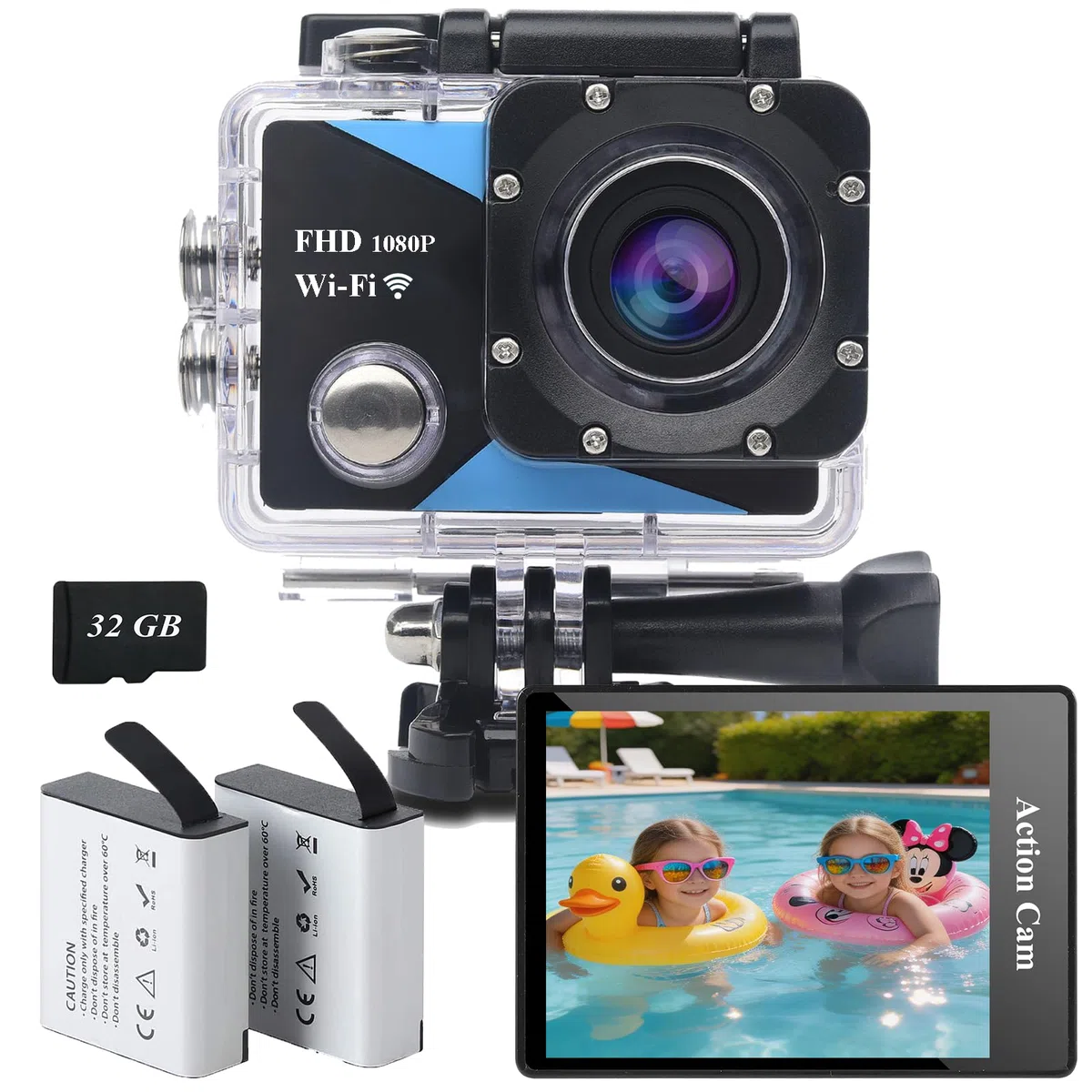 WiFi Action Cam FHD 1080P mit 32GB Speicherkarte, Actionkamera wasserdicht bis 30M, Action Camera mit 2x1050 mAh wiederaufladbare Akkus und Zubehor-Set