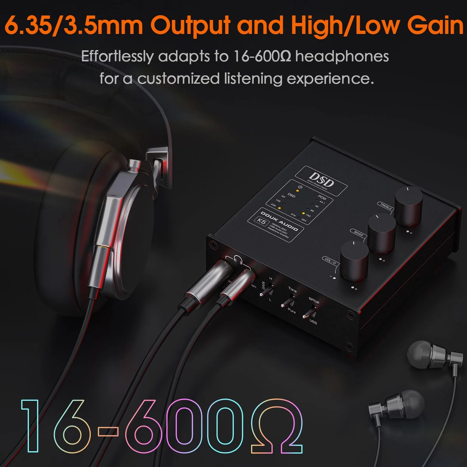Douk Audio K5 PC DAC Kopfhörerverstärker mit USB & Optischem Eingang DSD256 für Verstärker, Lautsprecher, Mac, Computer
